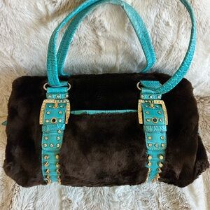 Kathy Van Zeeland Brown Fur and Turquoise Women's Bag